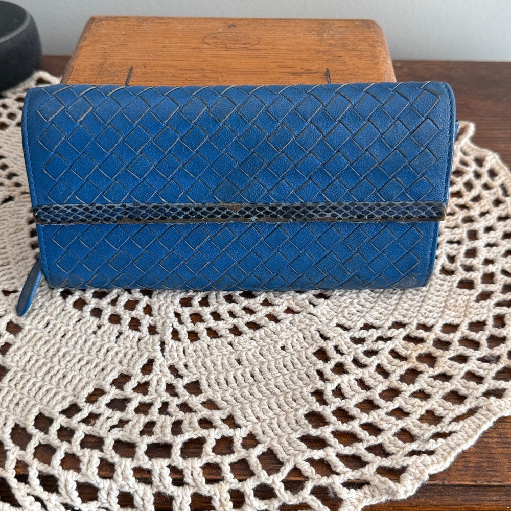 Bottega Blue Woven Clutch with Black Accent